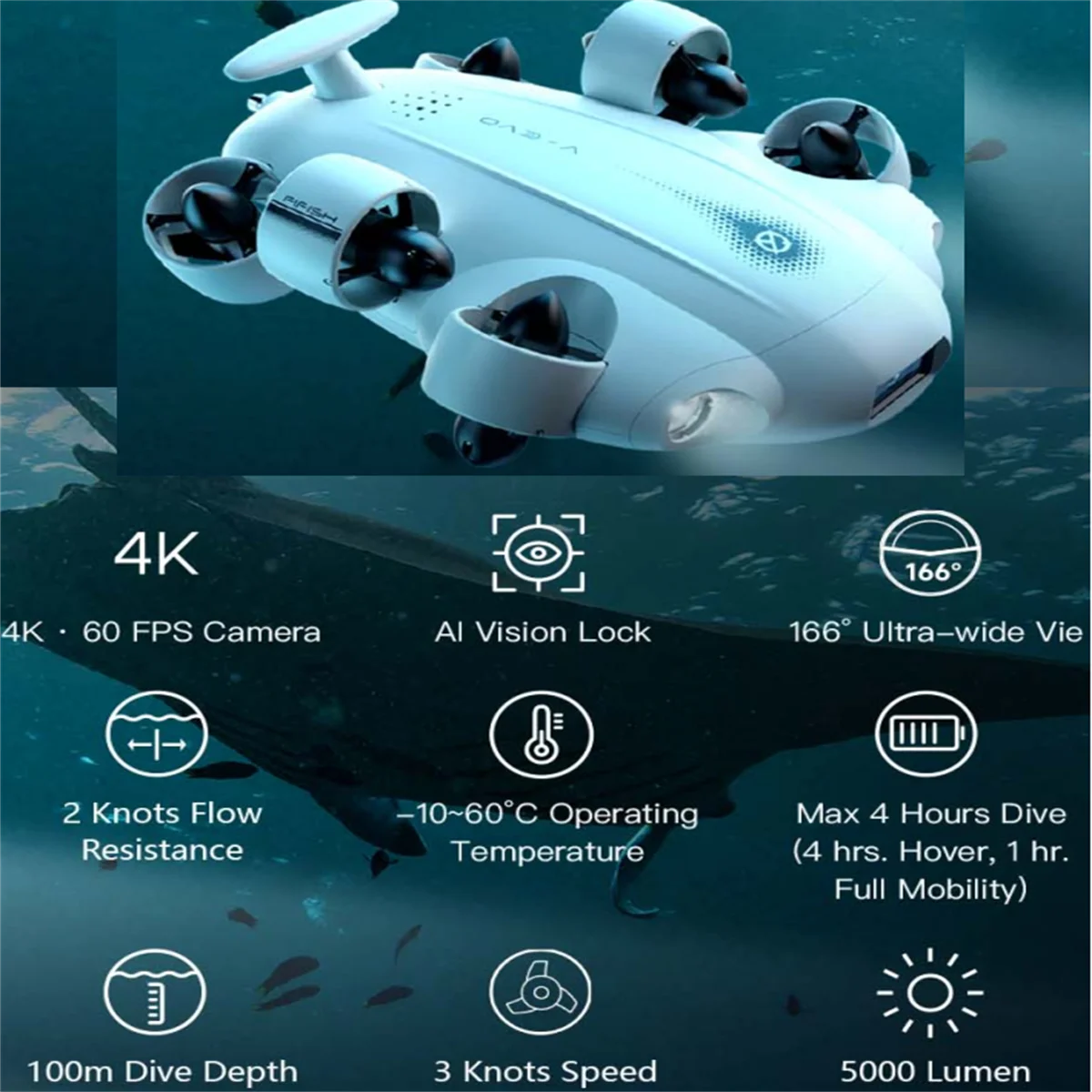 Fifish V-EVO Diving Underwater Robot Drone with 4K UHD Camera 360 Roll 100m Cable Submarine Rc Fishing Finder Underwater Rov