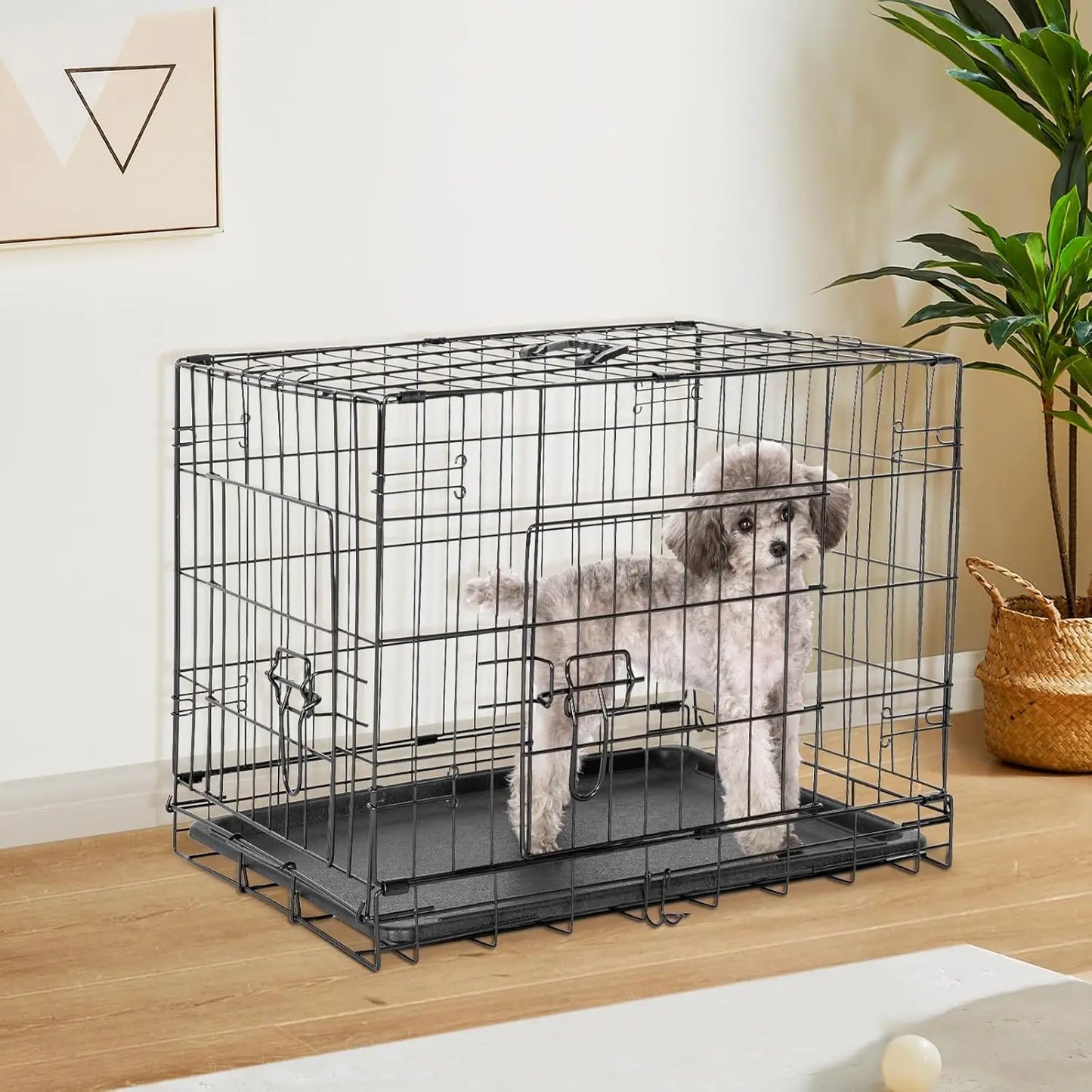 30 Inch Double Door Folding Metal Wire Dog Cage with Plastic Leak-Proof Pan Tray, Pet Kennel for Indoor, Outdoor, Travel