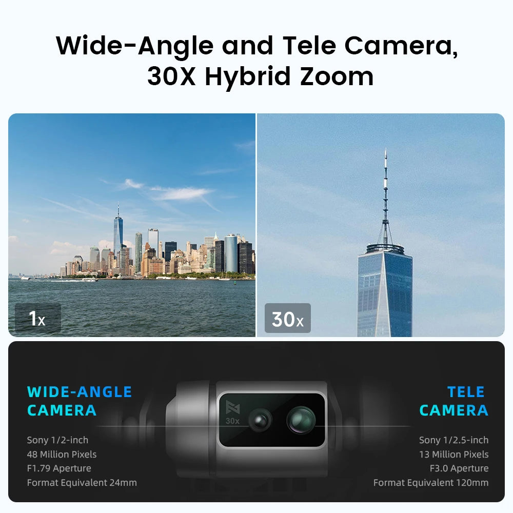 FIMI X8 Tele drone with Wide-Angle and tele Camera 30x Hybrid Zoom 4K 60fps 10KM range 3-axis Gimbal GPS AI Super Night Video