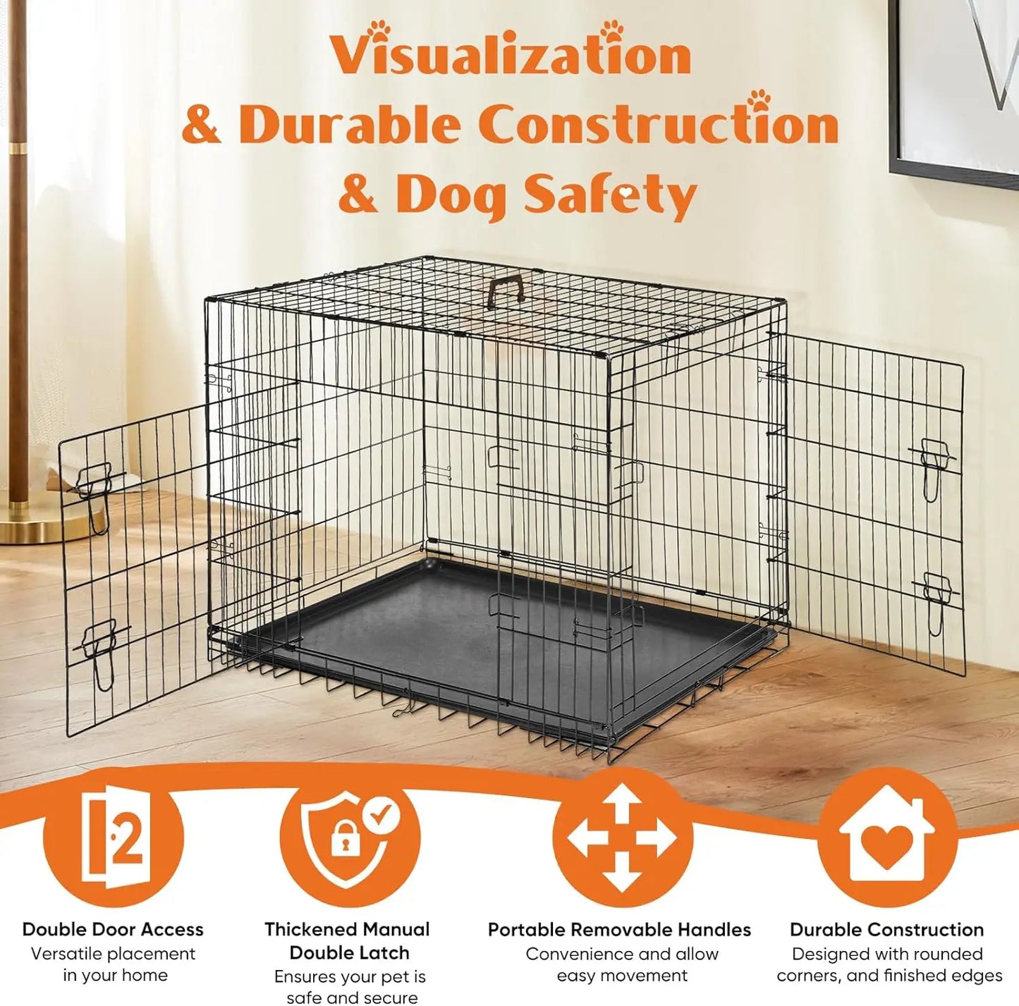 30 Inch Double Door Folding Metal Wire Dog Cage with Plastic Leak-Proof Pan Tray, Pet Kennel for Indoor, Outdoor, Travel