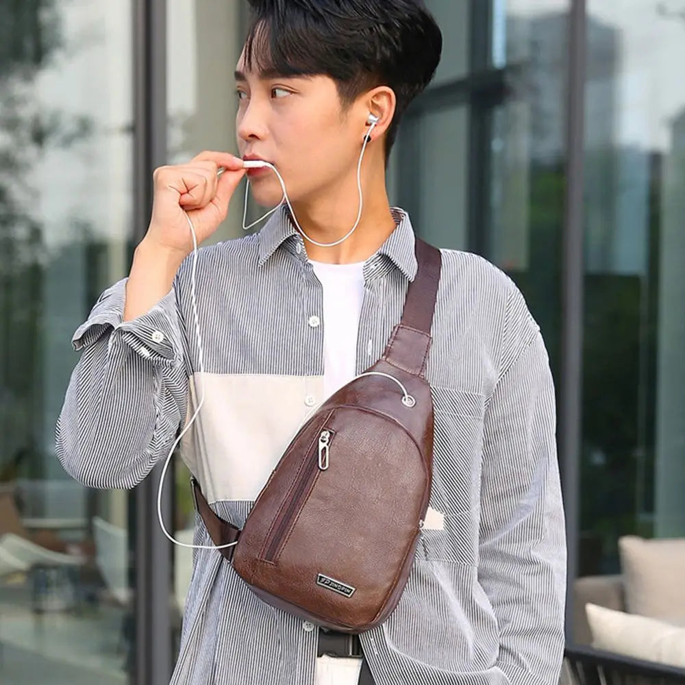 Man Bag Simple With Earphone Hole Phone Shopping Travel Messenger Bag Crossbody Bag PU Leather Men's Handbag