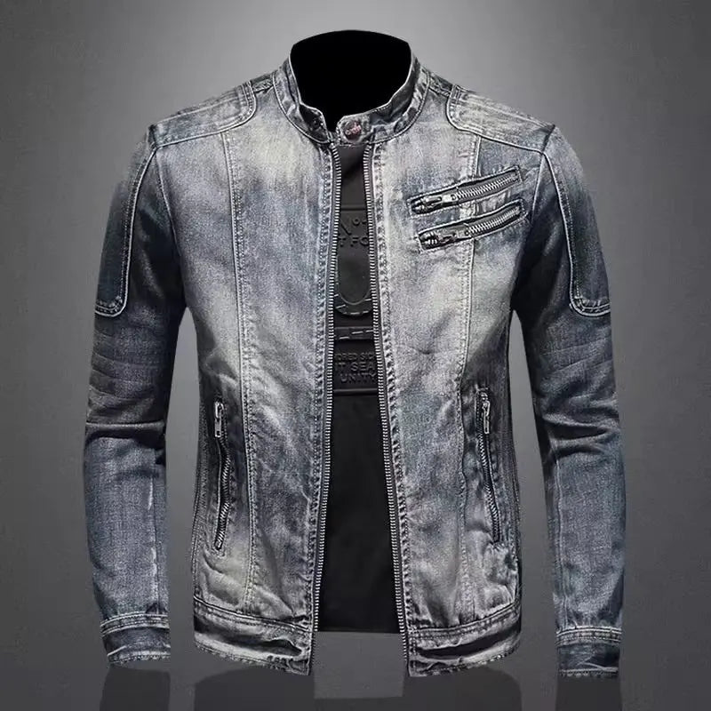 Denim Jackets Men Casual Stand Collar Moto Biker Outerwear Coats Mens Fashion Zippers Motorcycle Streetwear Jacket Male Clothes