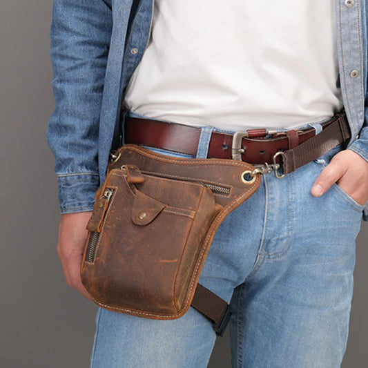 Vintage Men Waist Fanny Pack Drop Leg Cross Body Shoulder Bags for Motorcycle Rider PU Leather Male Messenger Hip Belt Thigh Bag