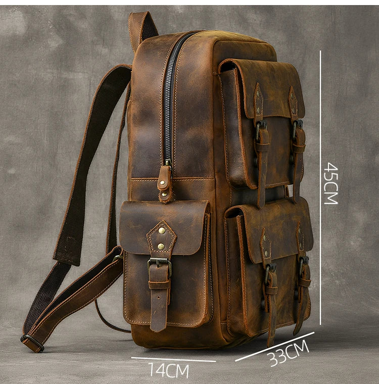 Vintage Crazy Horse Genuine Leather Men's Backpack Bag Cowhide Leather Bagpack male Hiking Backpack Travel Rucksack Large M815