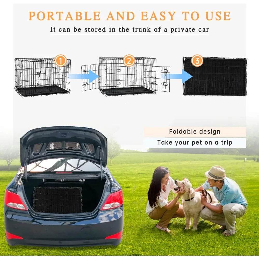 48-Inch Double Door Folding Metal Dog Crate with Divider and Leak-Proof Pan - For Medium to Large Breed Dogs