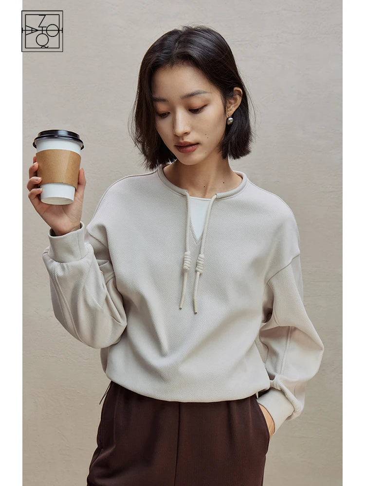 ZIQIAO All-match Style Simple Loose Round Neck Cotton Sweatshirt for Women Autumn and Winter 2023 New Short Top Pullover Female