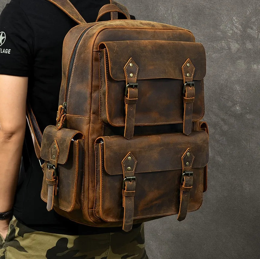 Vintage Crazy Horse Genuine Leather Men's Backpack Bag Cowhide Leather Bagpack male Hiking Backpack Travel Rucksack Large M815