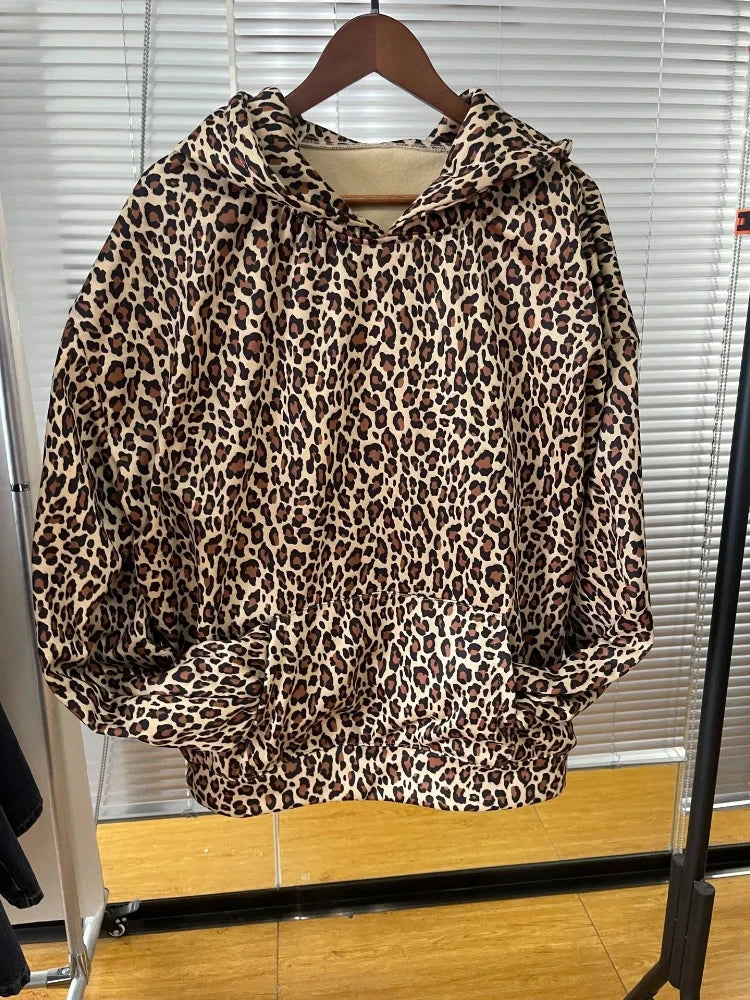 DEEPTOWN Leopard Print Hoodies Women Y2k Streetwear Hip Hop Oversize Harajuku Cheetah Print Hooded Sweatshirt Vintage Autumn