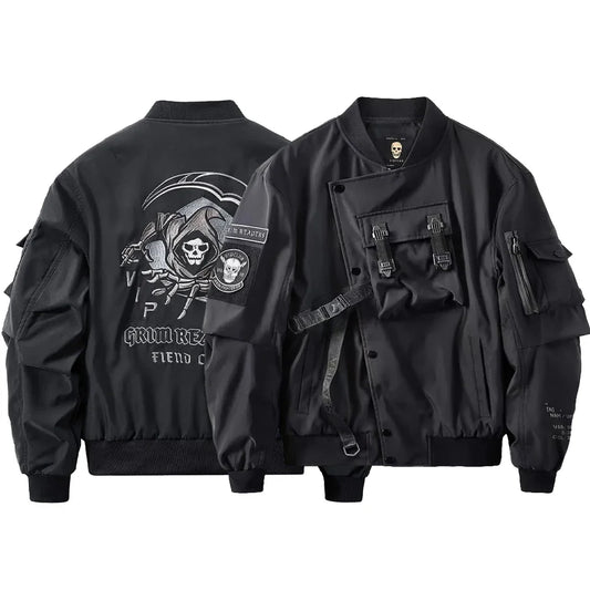 Mens Fall Winter American Street Workwear Jackets 2024 New Zipper Pocket Solid Color Skull Death Embroidery Fashion Trend Jacket